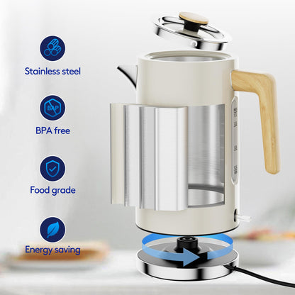 London Boutique Lifestyle white electric kettle with wood effect handle, stainless steel body, cordless design, fast boil, and boil dry protection.