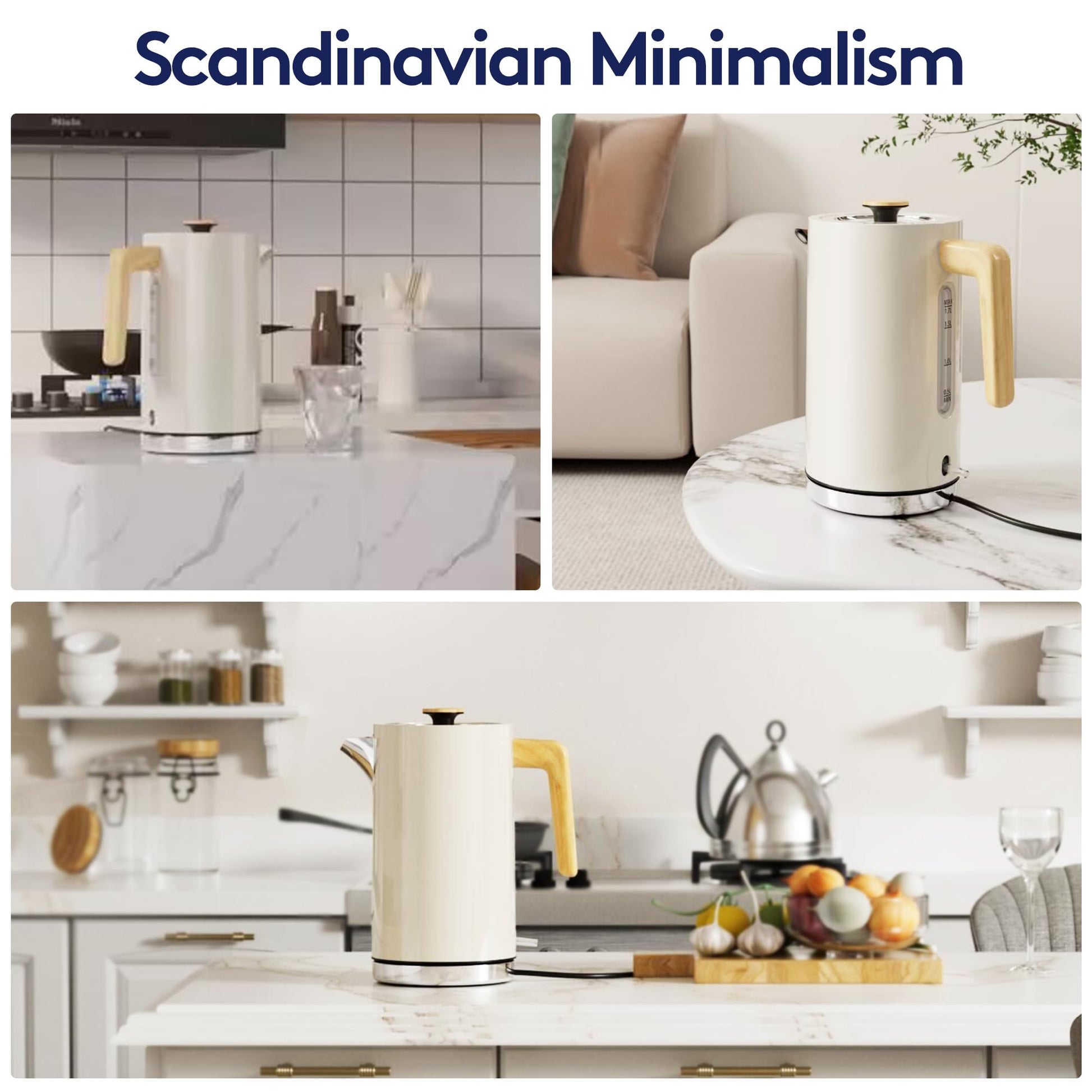 London Boutique Lifestyle white electric kettle with wood effect handle, stainless steel, cordless design, fast boil, and boil dry protection.