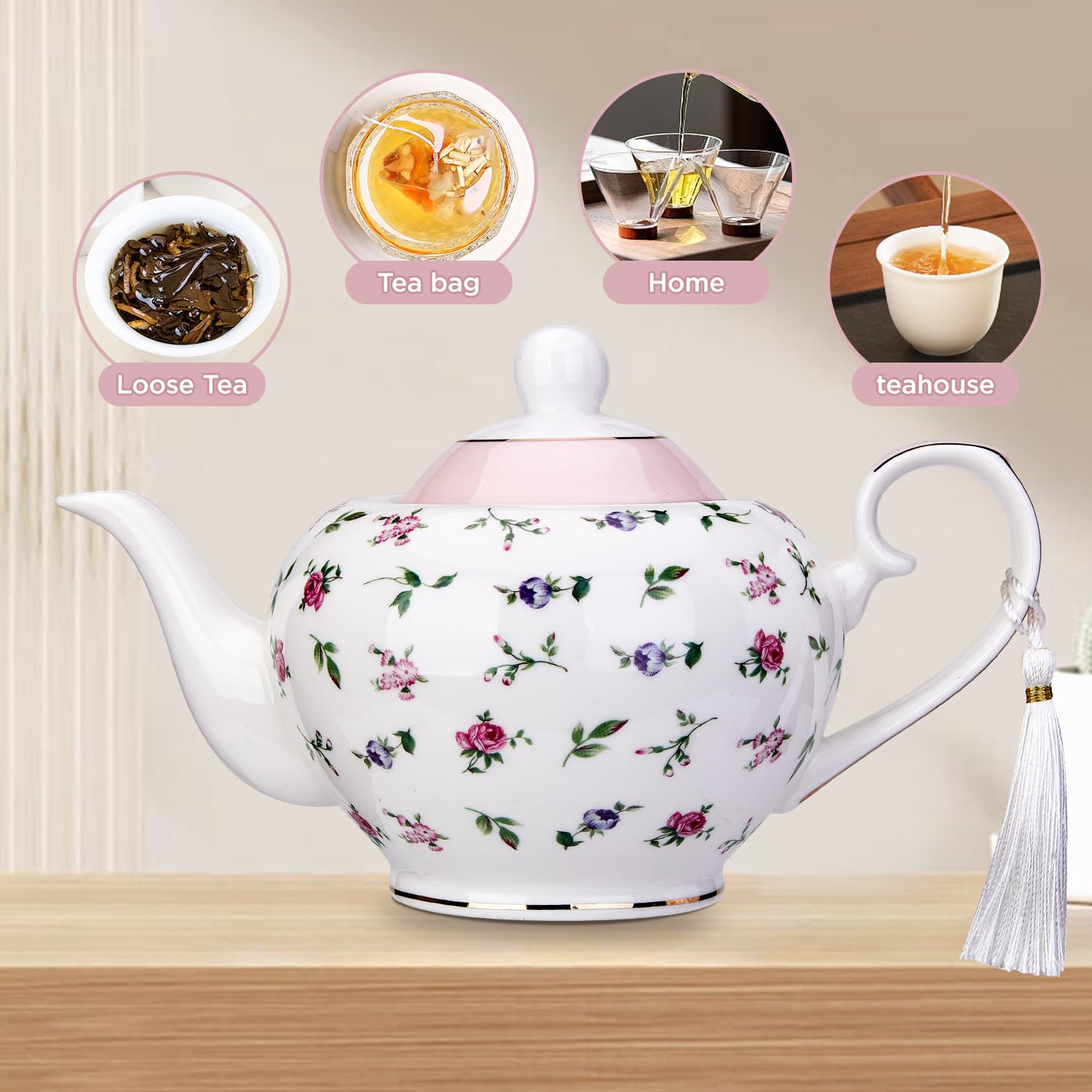 Pink London Boutique teapot with infuser, 700ml capacity, easy grab handle, ideal for loose tea and two cups, roses design.