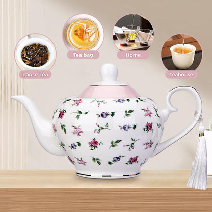 Pink London Boutique teapot with infuser, 700ml capacity, easy grab handle, ideal for loose tea and two cups, roses design.
