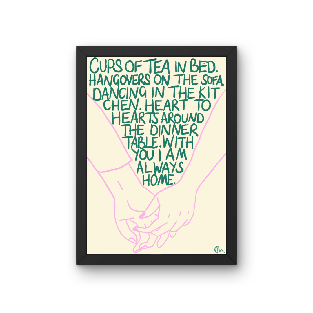 Hand-drawn print of cups of tea in bed with green and lilac colors, featuring a cozy living room and bedroom scene by Peak Prints.