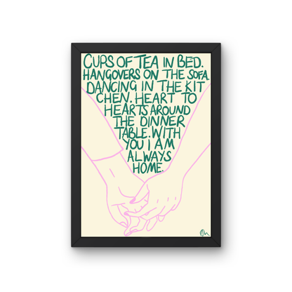 Hand-drawn print of cups of tea in bed with green and lilac colors, featuring a cozy living room and bedroom scene by Peak Prints.