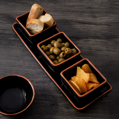 Orsina Calisto black tray with set of 3 terracotta dip bowls for serving condiments