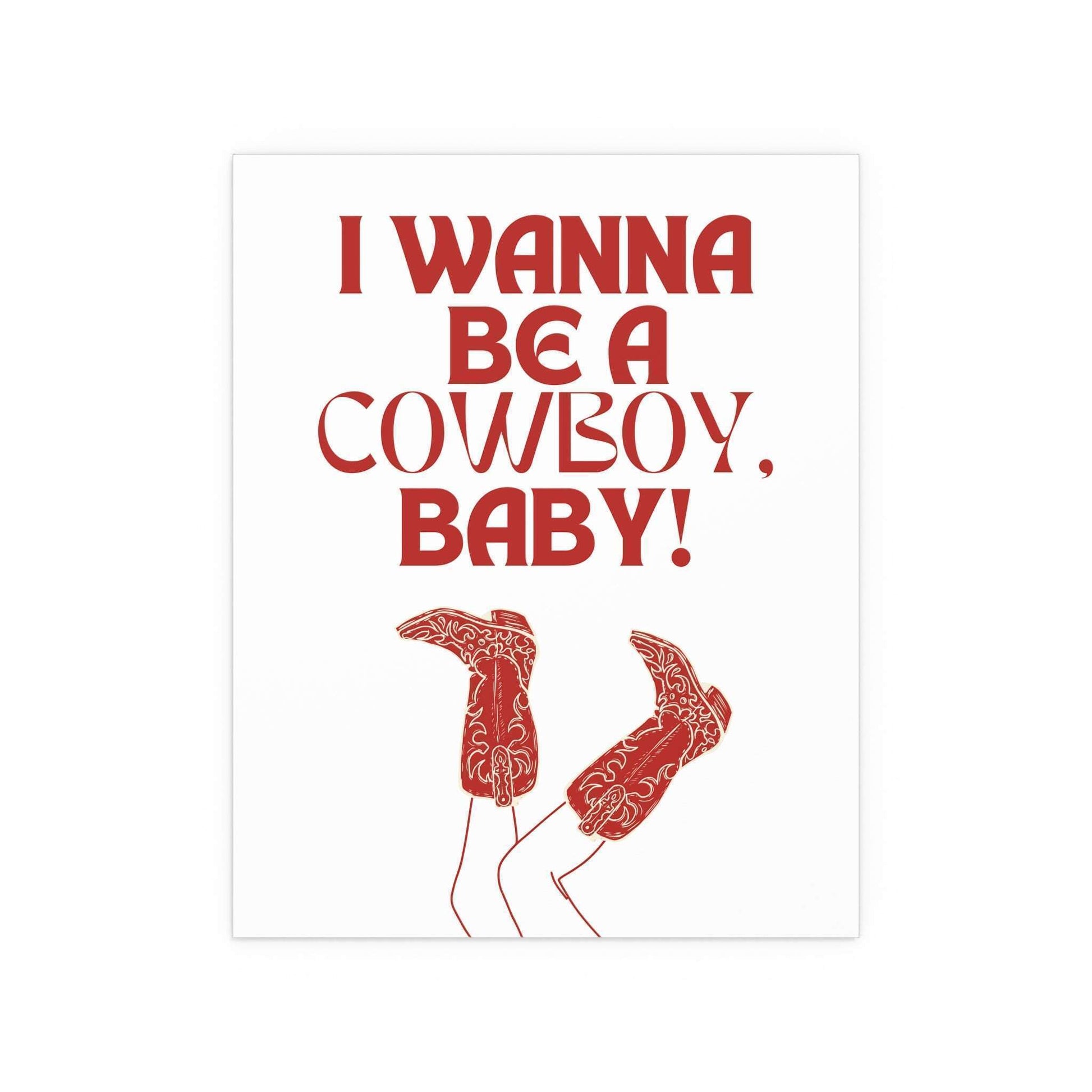 White and red poster of "I Wanna Be a Cowboy, Baby!" by CMAT, featuring bold typography and vibrant colors.