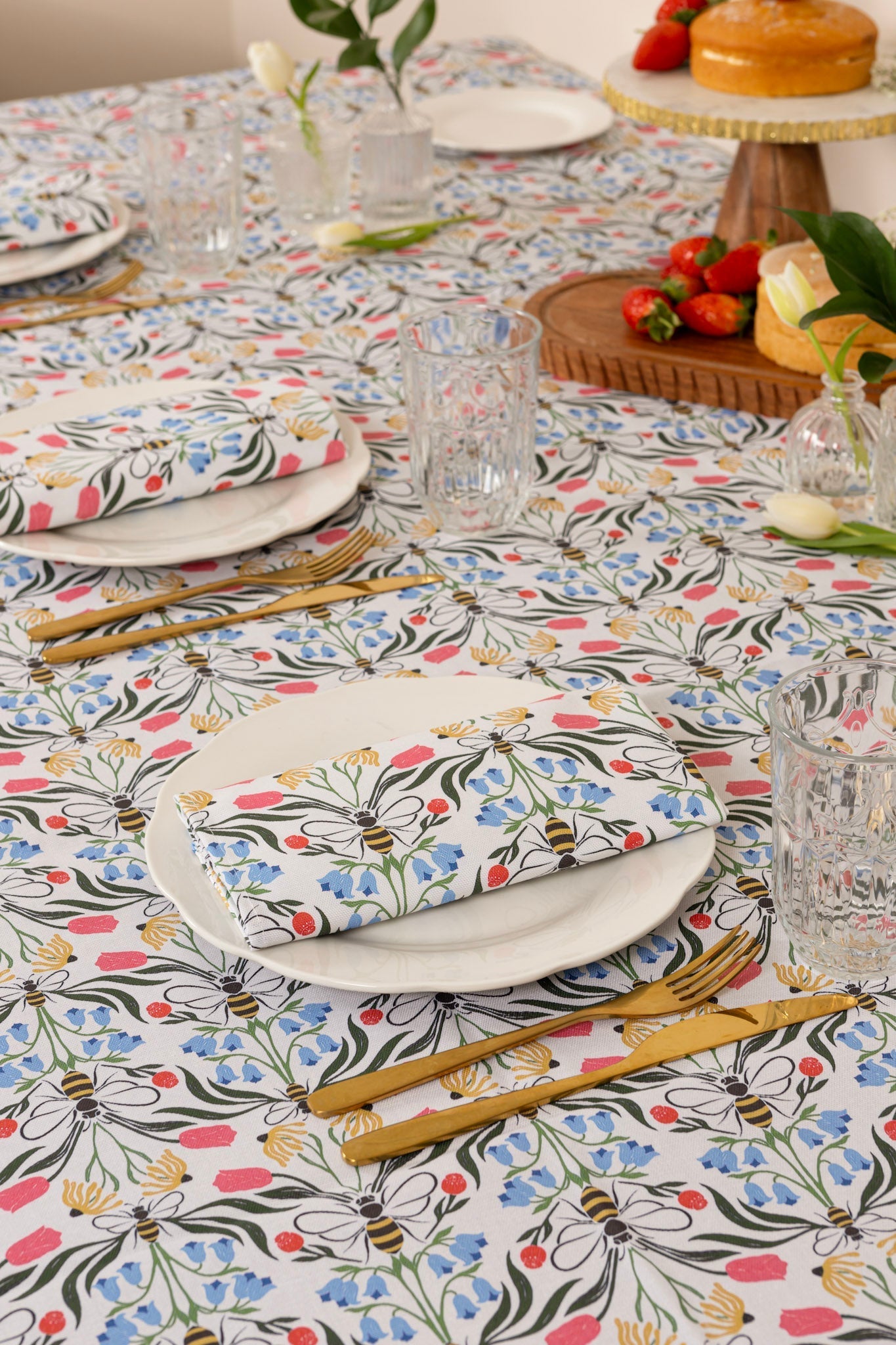 Pair of British Bees napkins by Avalon Home UK, featuring bee-themed floral design for elegant table settings.