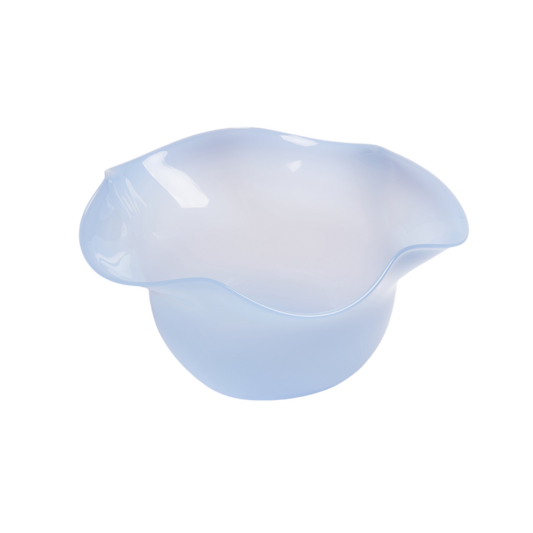 Blue Murano glass ruffle bowl by Domenica Marland, showcasing elegant wavy edges and vibrant color details.