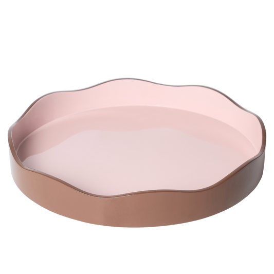 Allegra round wiggle tray in pink and brown by domenicamarland, featuring a colorful, wavy design on a smooth circular surface.