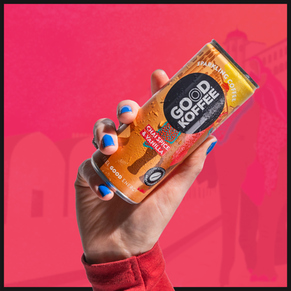 Six-pack of GOOD KOFFEE sparkling coffee bottles featuring colorful labels in a mixed trial pack.