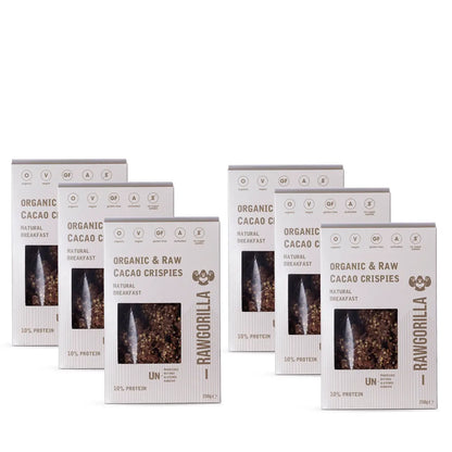 Whole Food Earth Cacao Crispies breakfast cereal in 250g pack, featuring crunchy chocolate-flavored grains in a clear bowl.