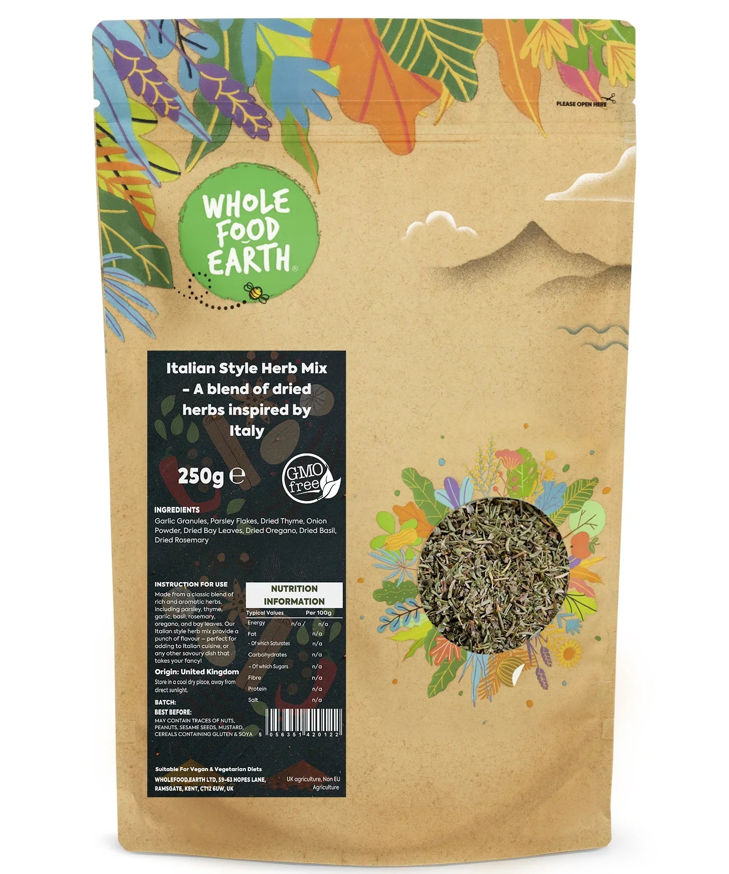 Organic Italian herb mix from Whole Food Earth, featuring dried basil, oregano, rosemary, and thyme for culinary use.