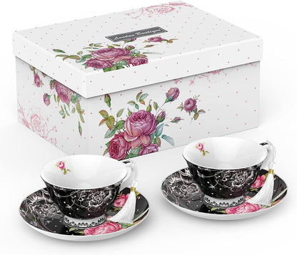 Black Mother's Day coronation party tea set with 3-tier cake stand, 2 cups, 2 saucers, and 4 plates from London Boutique Lifestyle.