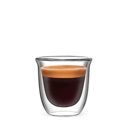 Set of two Brew Italia Firenze double walled glass coffee glasses showing clear glass design and double wall insulation.