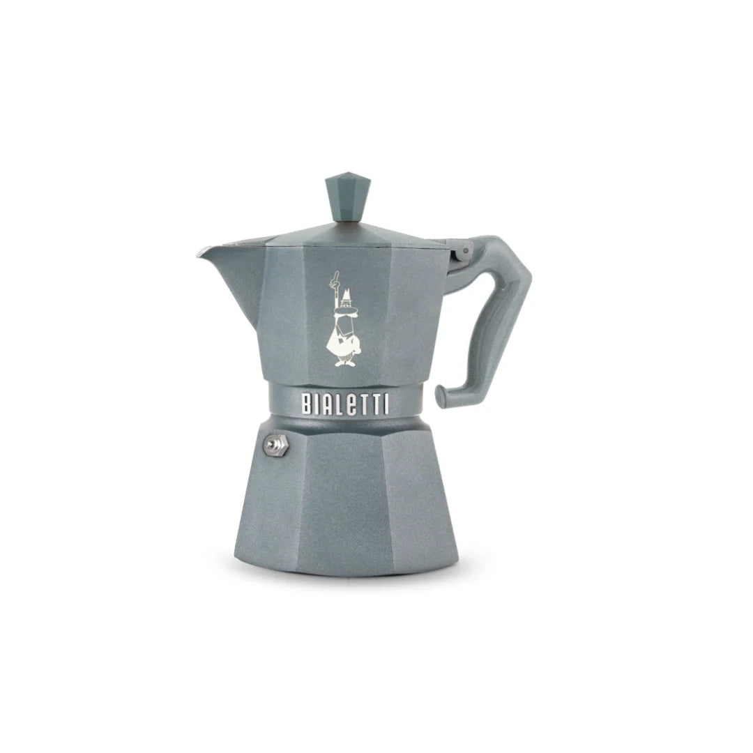 Bialetti Brew Italia Moka Octagonal Induction coffee maker with black handle and stainless steel body on a countertop