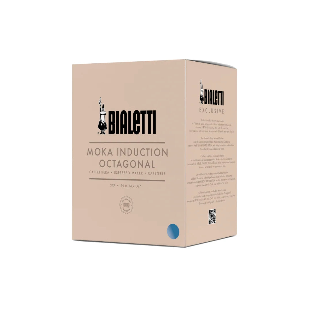Bialetti Brew Italia Moka Octagonal Induction coffee maker with stainless steel body and black handle, designed for induction stoves.