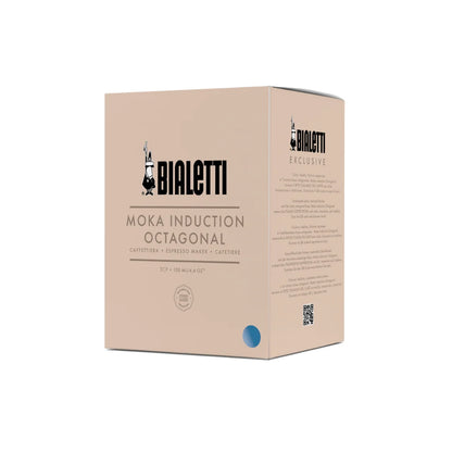 Bialetti Brew Italia Moka Octagonal Induction coffee maker with stainless steel body and black handle, designed for induction stoves.