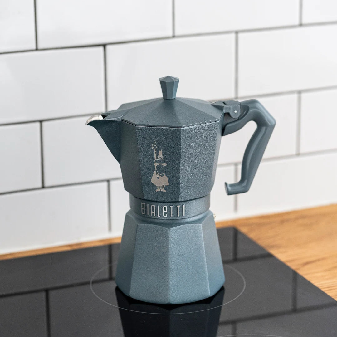 Bialetti Brew Italia Moka Octagonal Induction coffee maker with stainless steel body and octagonal design on a countertop