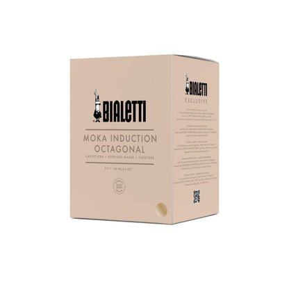 Bialetti Brew Italia Moka Octagonal Induction coffee maker with black handle and stainless steel body.