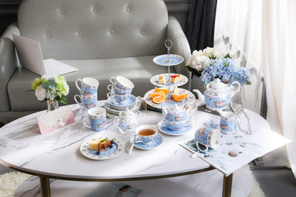 Porcelain Teapot Sets Teapot Sugar Bowl and Cream Milk Jug Shabby Chic Vintage Floral in Gift Box (Blue)