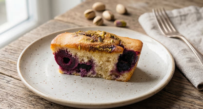 Slice of Cherry and Pistachio Free From Cake by The Healthy Cake Company with cherries and pistachios on top and inside