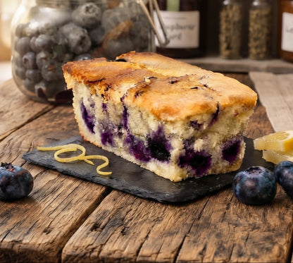 Lemon and blueberry free from cake by The Healthy Cake Company, showing a slice with lemon, blueberries, and moist cake texture.