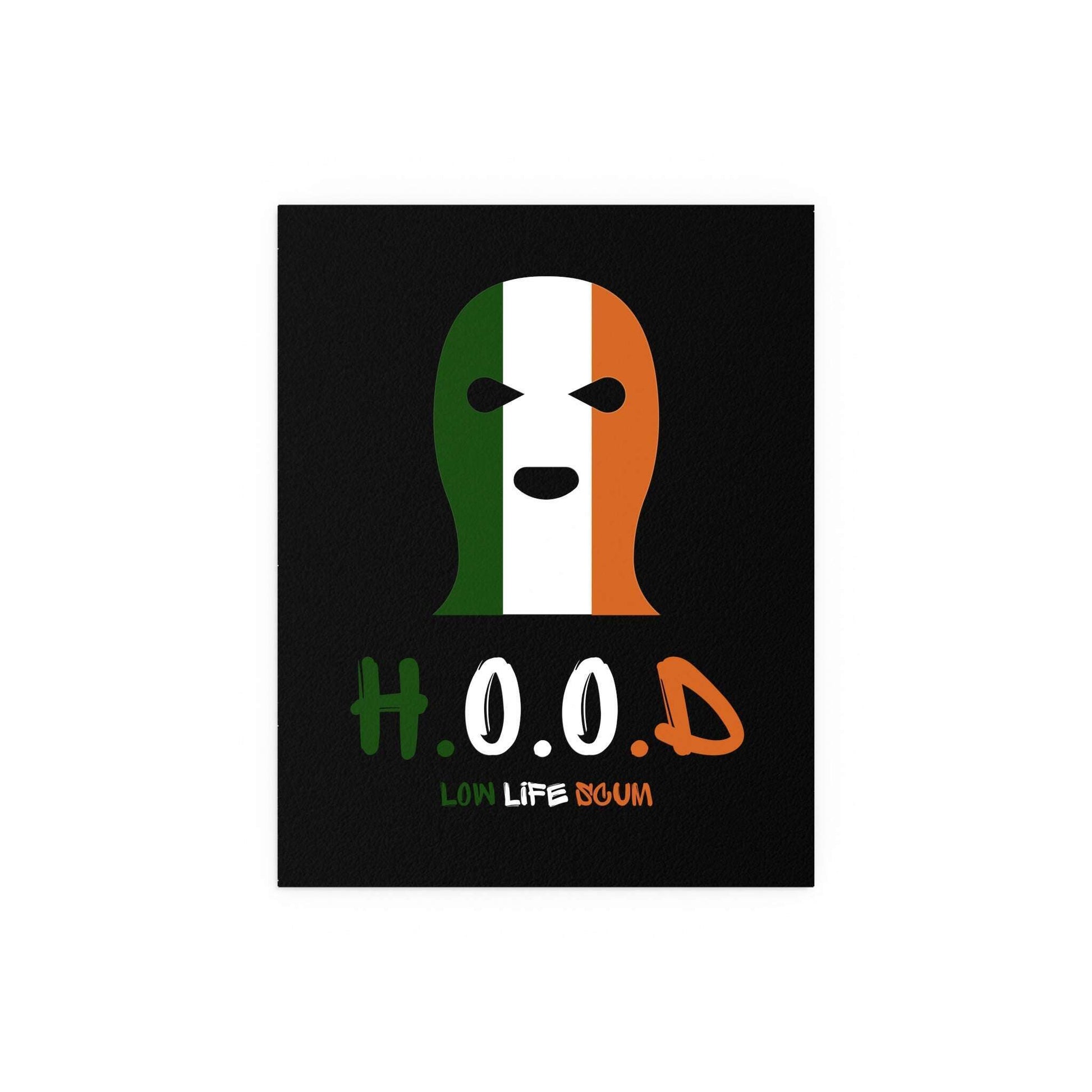 Glow On Prints kneecap poster featuring bold graphic design with the H.O.O.D. logo on a vibrant background.