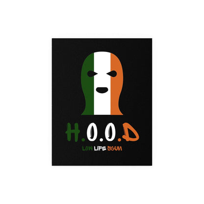Glow On Prints kneecap poster featuring bold graphic design with the H.O.O.D. logo on a vibrant background.