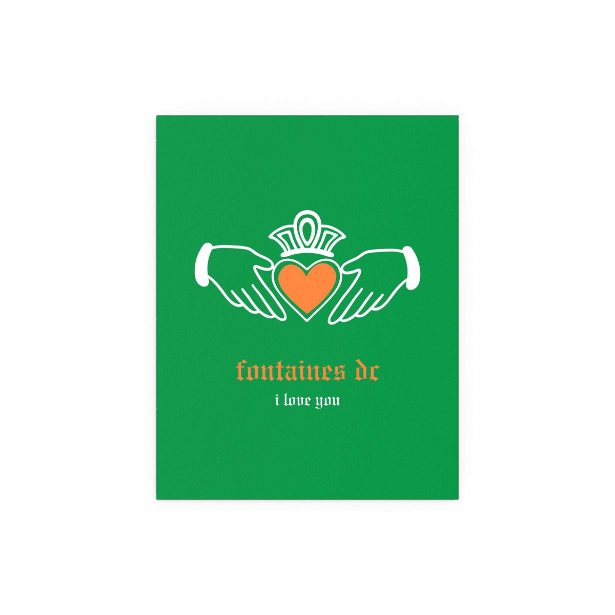 Irish Claddagh poster featuring Fontaines DC's "I Love You" in tricolour design by Glow On Prints, showcasing vibrant colors and intricate details.