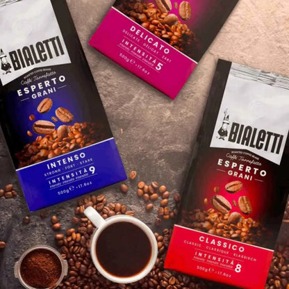 Bialetti Brew Italia whole bean coffee in a bag with a label displaying the Bialetti Coffee branding and product details.