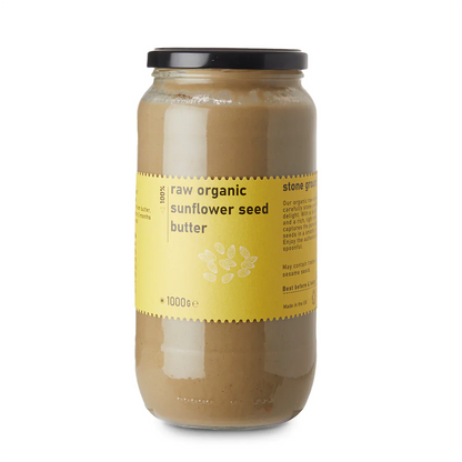 Raw Organic Sunflower Seed Butter from Whole Food Earth, a creamy spread in a jar, ideal for dips and healthy snacks.