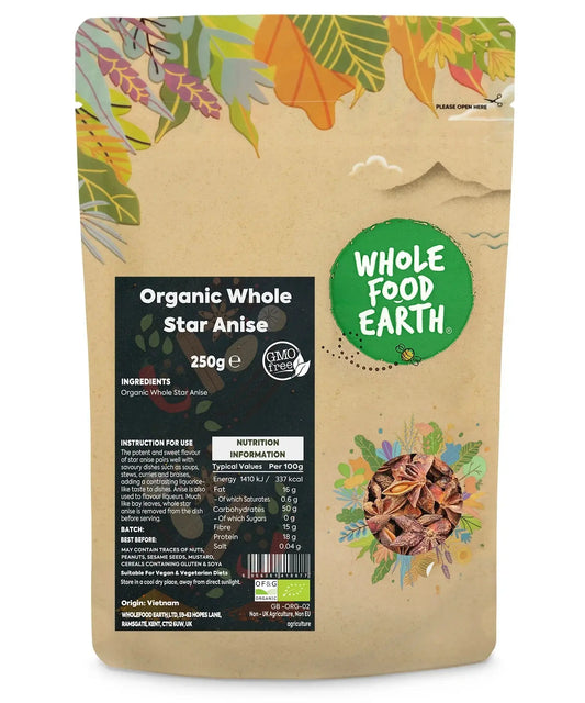 Whole Food Earth organic star anise in a clear jar, showing the star-shaped spice used in herbs and spices for cooking and baking.
