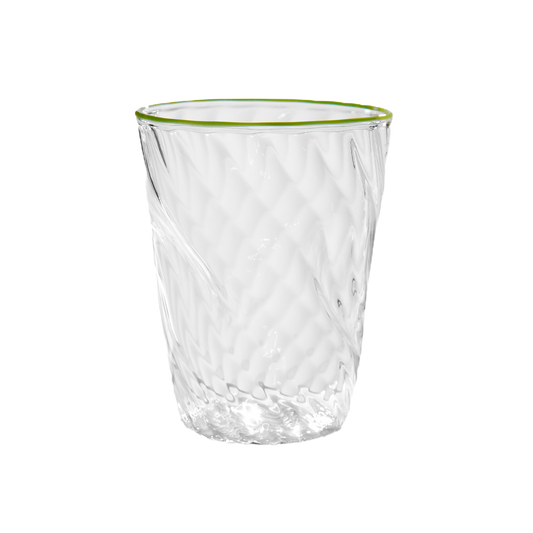 Green Venetian tumbler from the Adrienne collection by domenicamarland, featuring intricate glass craftsmanship and vibrant color.