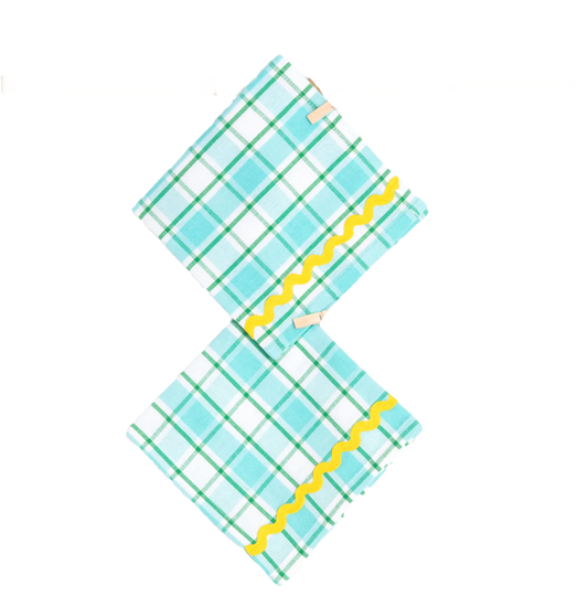 Set of two yellow and aqua napkins by domenicamarland, featuring vibrant, decorative fabric suitable for table settings.
