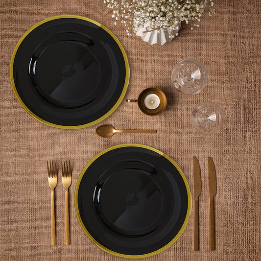 Set of four Orsina Ida 33cm black glass charger plates, round dinner tableware quartet