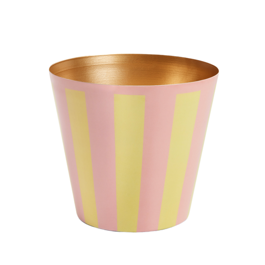 Domenicamarland Penny Planter in pink and yellow stripe with a small plant inside, vibrant colorful ceramic planter for indoor decor