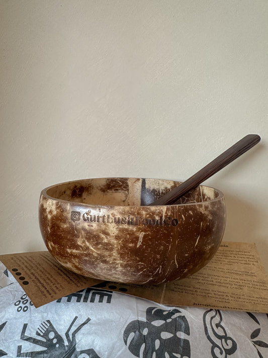 Jungle Culture coconut bowl with matching spoon from Gurt Lush Food Co, natural coconut wood with textured finish and eco-friendly design.