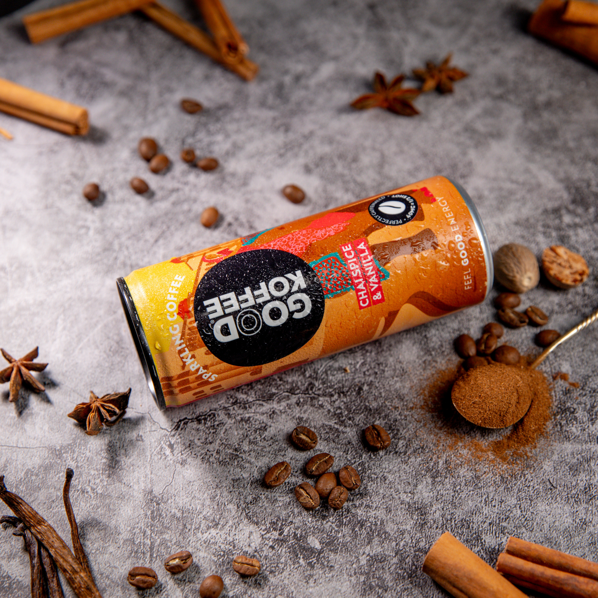 Six-pack of GOOD KOFFEE Sparkling Coffee mixed trial pack with colorful cans displaying sparkling coffee beverages.