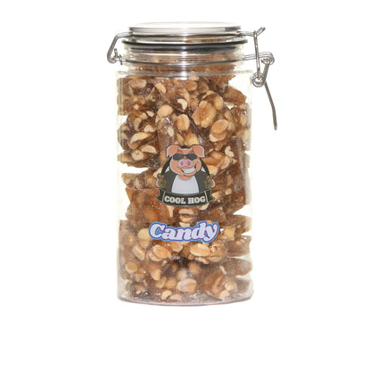 Cool Hog Snacks Peanut Brittle Candy Gifting Jar with golden brittle pieces in a clear jar, perfect for sweet gift-giving.