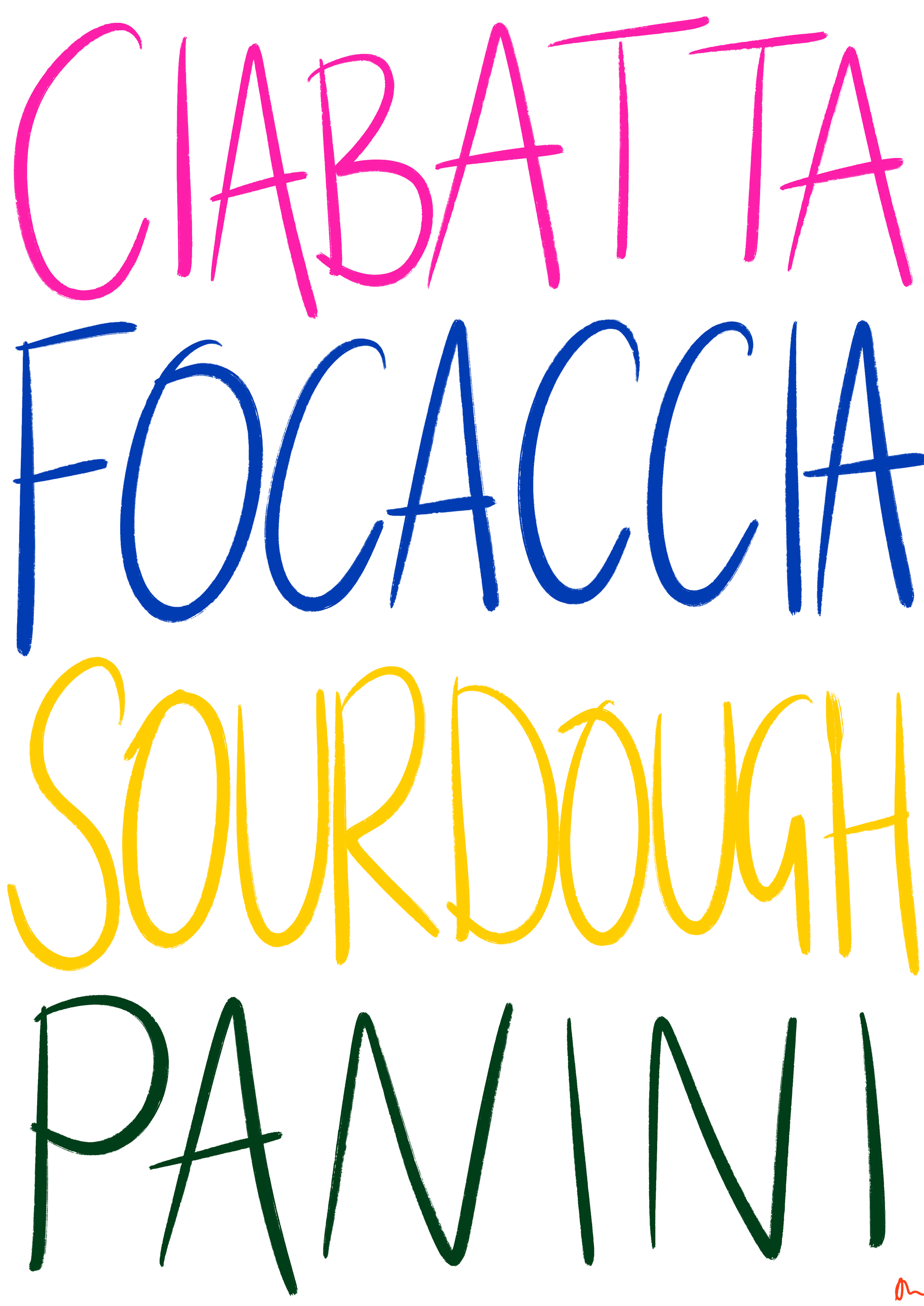 Colorful bold kitchen typographic print featuring the words "Bread Lovers" in vibrant lettering on white background.