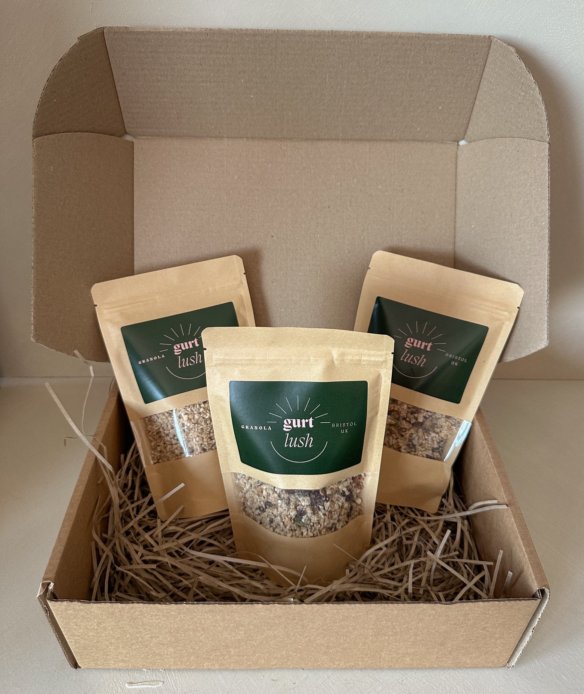 Assorted Gurt Lush Food Co granola taster box with various colorful granola flavors displayed in a box.