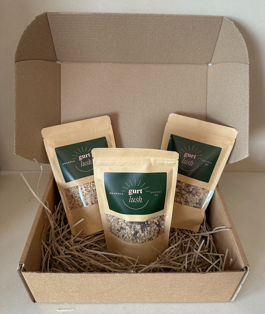 Assorted Gurt Lush Food Co granola taster box with various colorful granola flavors displayed in a box.