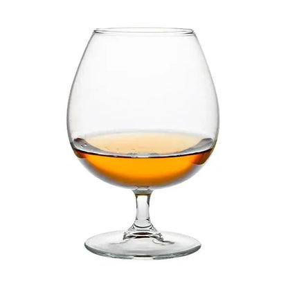 Set of six Glassware UK Brandy Balloon Glasses, 550ml whisky tumblers with elegant rounded bowls and sturdy stems.