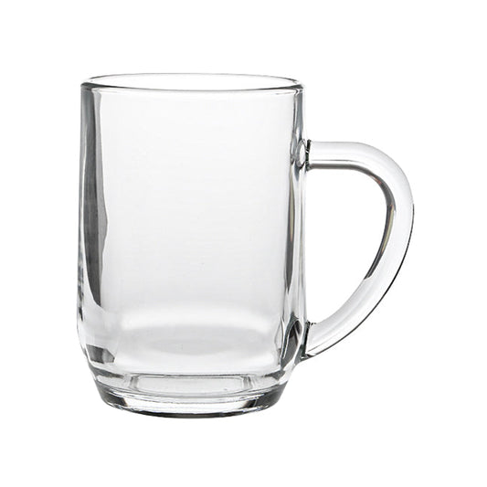 Heritage Glass Pint Tankard by Glassware UK with 570ml capacity, clear glass with traditional design, displayed on a wooden surface.