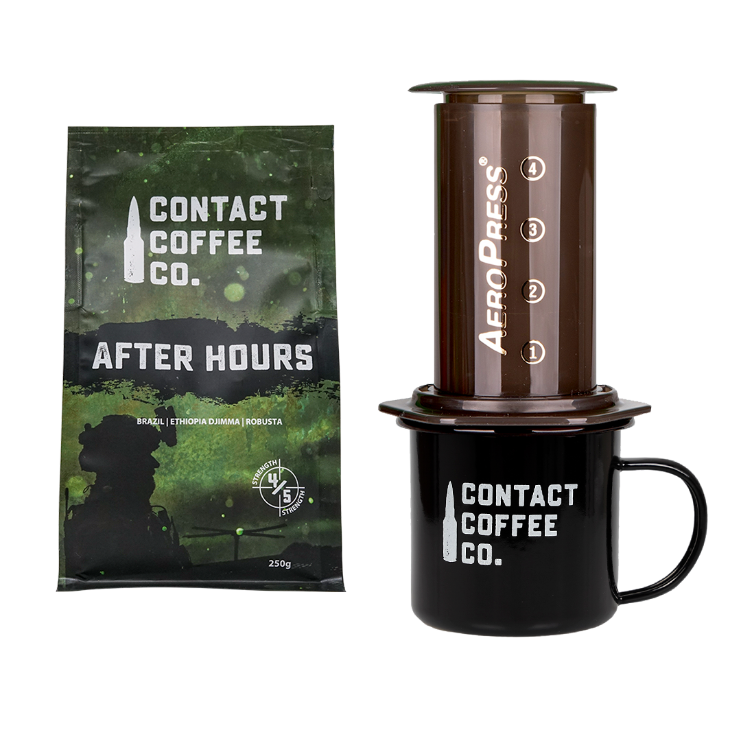 Assorted coffee care package from Contact Coffee Company Ltd. with various coffee blends and accessories for coffee lovers.