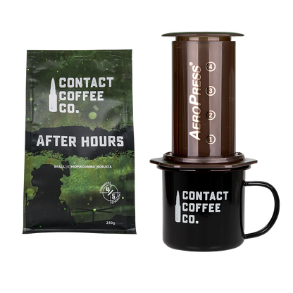 Assorted coffee care package from Contact Coffee Company Ltd. with various coffee blends and accessories for coffee lovers.
