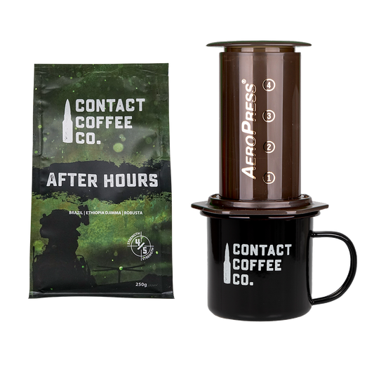 Assorted coffee care package from Contact Coffee Company Ltd. with various coffee blends and accessories for coffee lovers.