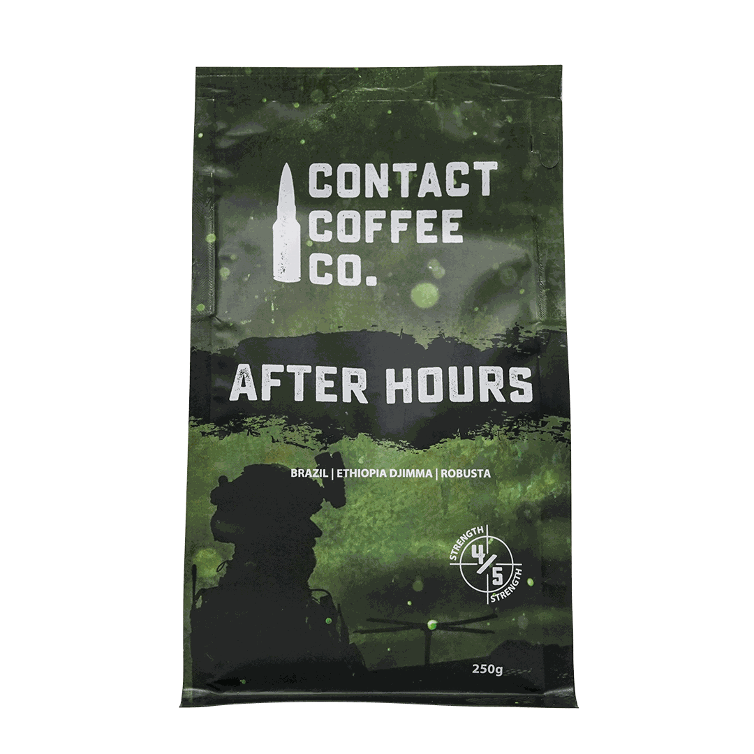 Freshly brewed after hours coffee from Contact Coffee Company Ltd., showing a steaming cup of rich, dark coffee on a wooden table.