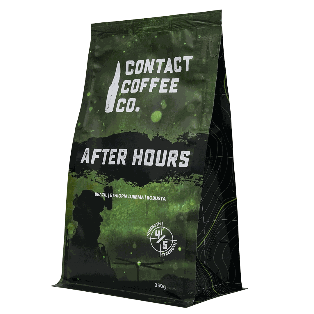 A cup of After Hours Coffee by Contact Coffee Company Ltd. with steaming brewed coffee in a white ceramic mug.