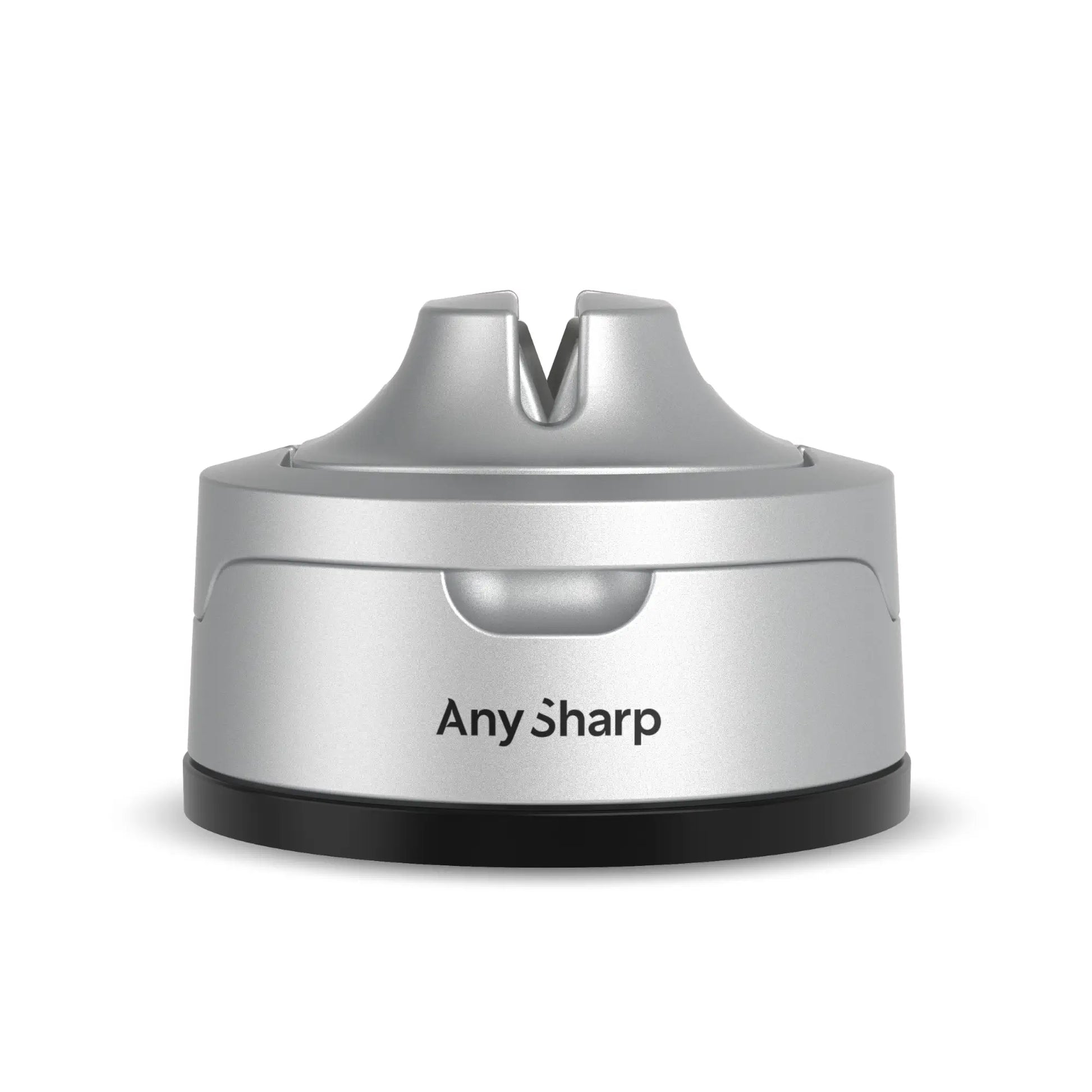 AnySharp Evo Knife Sharpener, compact knife sharpener with ergonomic grip and multiple sharpening slots, in black and silver.