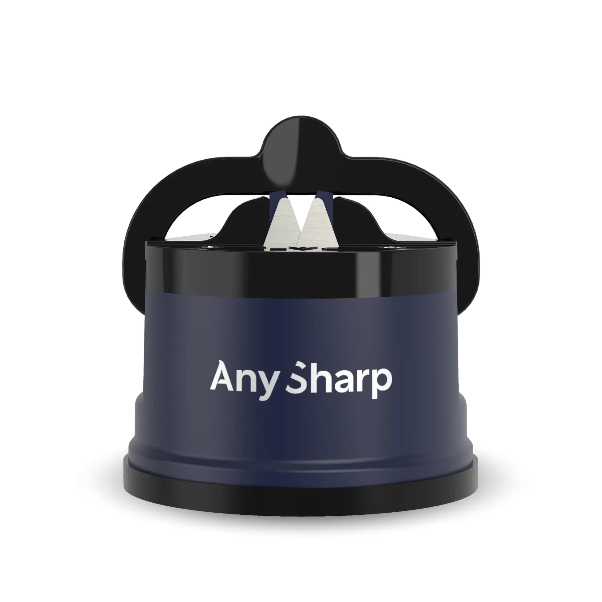 AnySharp Classic Knife Sharpener in navy blue with ergonomic handle and sharpening slots, designed for easy kitchen knife sharpening.