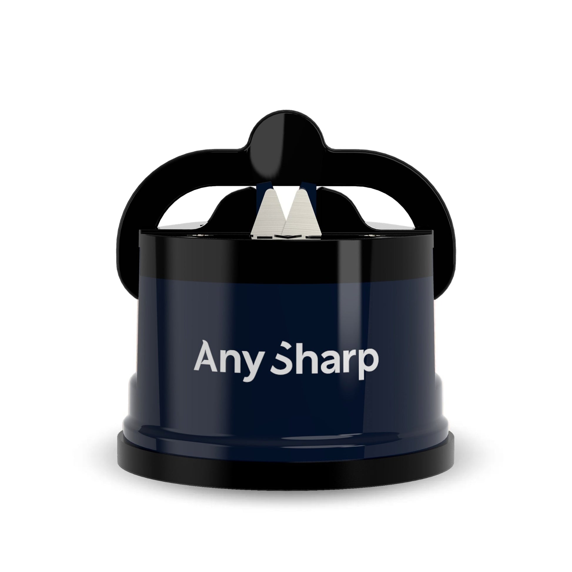 AnySharp classic knife sharpener with a sleek black and silver design, featuring sharpening slots and a sturdy base.